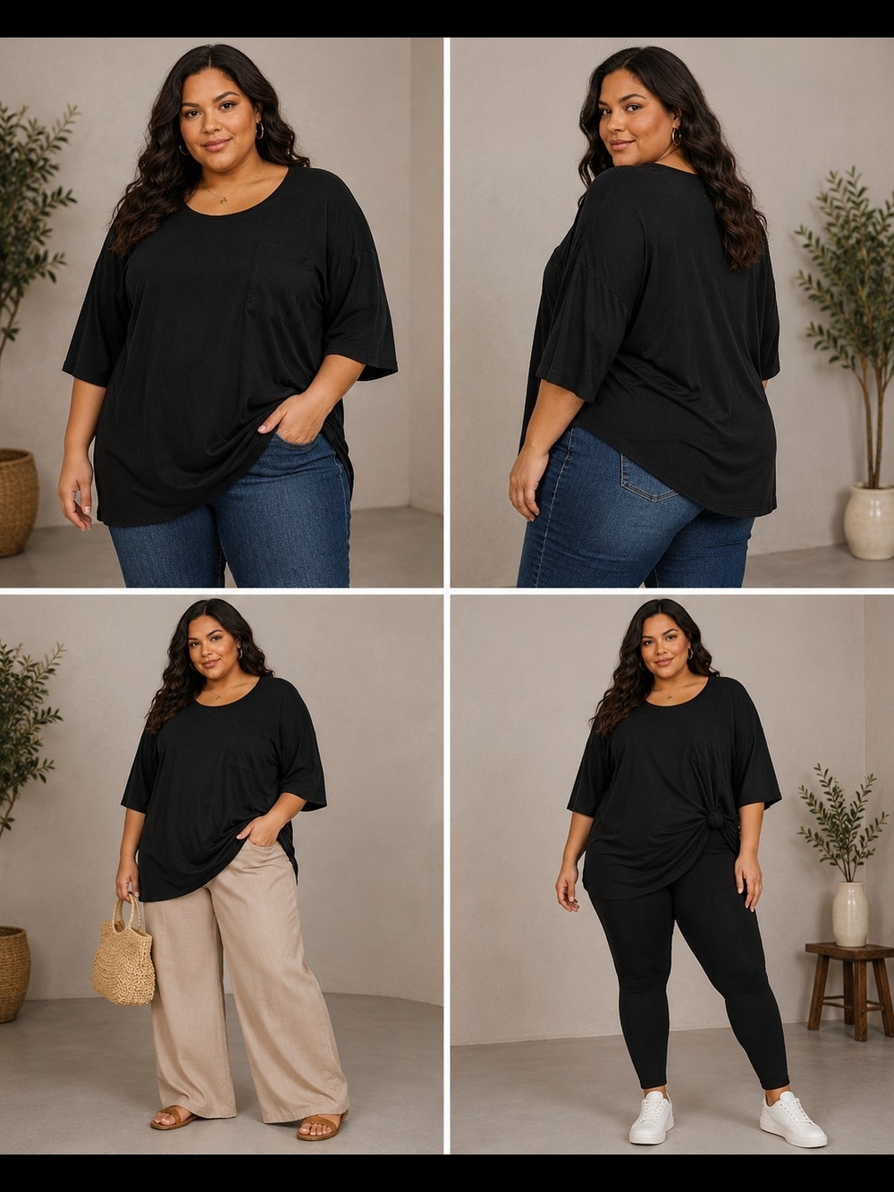 Plus-Size Black Scoop Neck Relaxed Blouse
